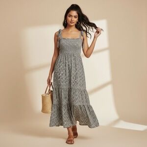 OPT Womens Midi Dress Smocked Floral Cottagecore Size Medium Tiered Hem